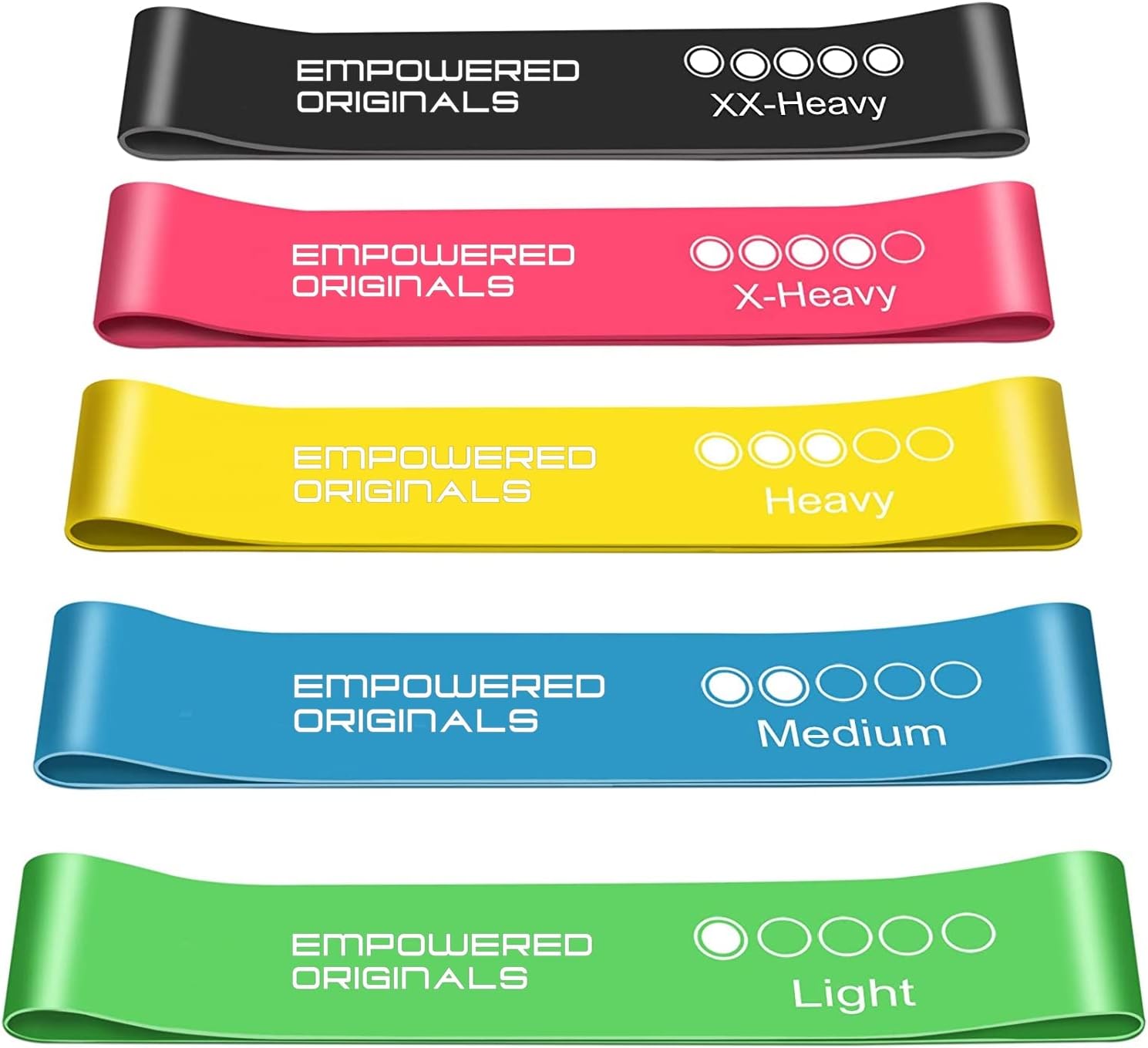 Set of resistance bands in various colors with 'Empowered Originals' branding.